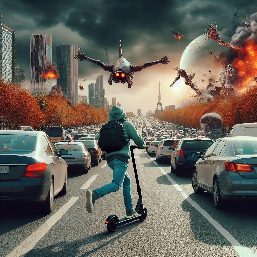 On a eu la version #vélo... Mais en cas de fin du monde, une #trottinette électrique pourrait également être un bon allié pour s'enfuir et éviter la orde d'embouteillage 😆

image généré par Bing IA <a href="/CarlMoveFr/">Carl</a> <a href="/ANUMMEFR/">ANUMME</a> <a href="/WheelerNantais/">B⭕b⭕ Wheeler</a>