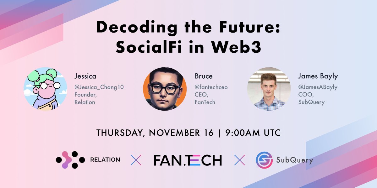 Ready to dive into the future of SocialFi in #Web3? 🌐

Join us in this TS with @fantechceo &amp; <a href="/Jessica_Chang10/">Jessica Chang 🍍</a>, pioneers shaping the SocialFi landscape! 🔥

💬 Decoding the Future: SocialFi in Web3
📅 Nov 16, 9:00 AM UTC
💰 500 Zealy XP x 1 person
📍 Link: x.com/i/spaces/1LyGB…