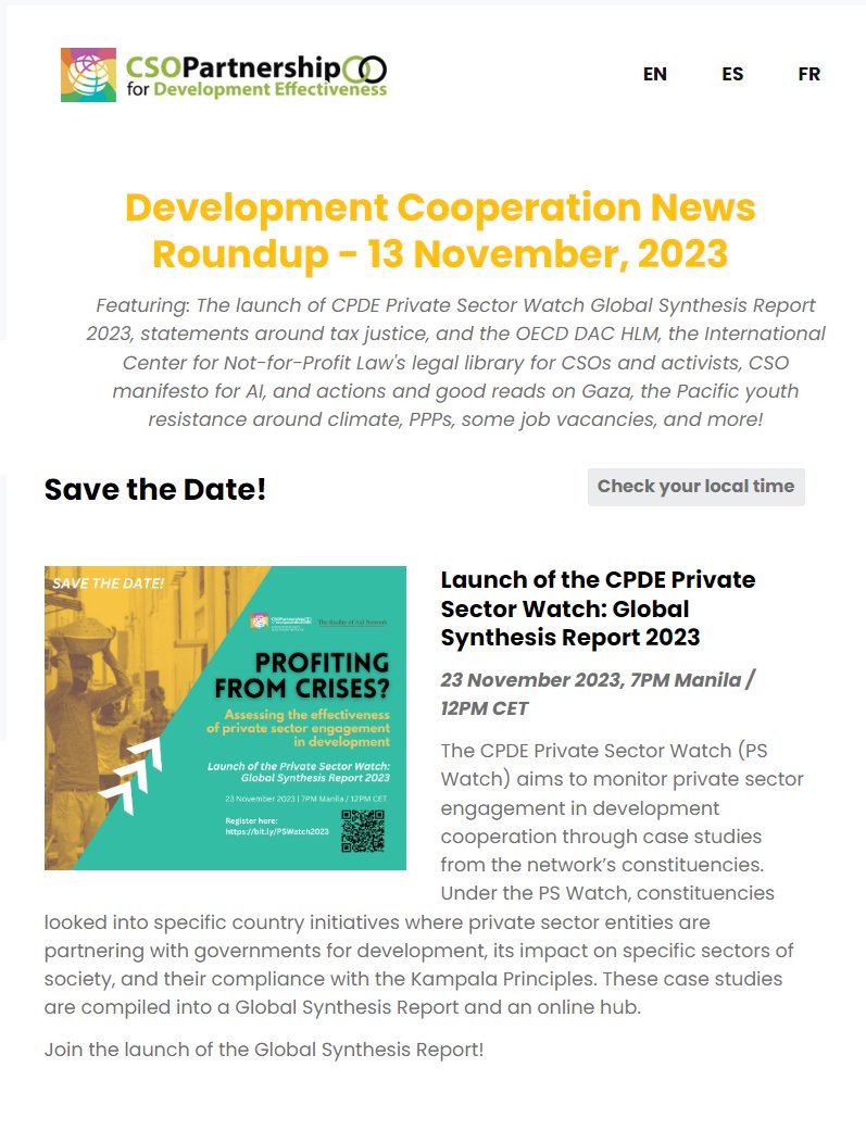 📢OUR DIGEST OF #Development Cooperation NEWS IS UP, in EN|ES|FR! Feat. the launch of #PrivateSector watch, @ICNLAlliance's legal library for #CSOs, & statements & articles on #Gaza, #taxjustice, the @OECD-DAC HLM, #activists, #climate, #PPPs: bit.ly/Roundup11132023 #SDGs #aid