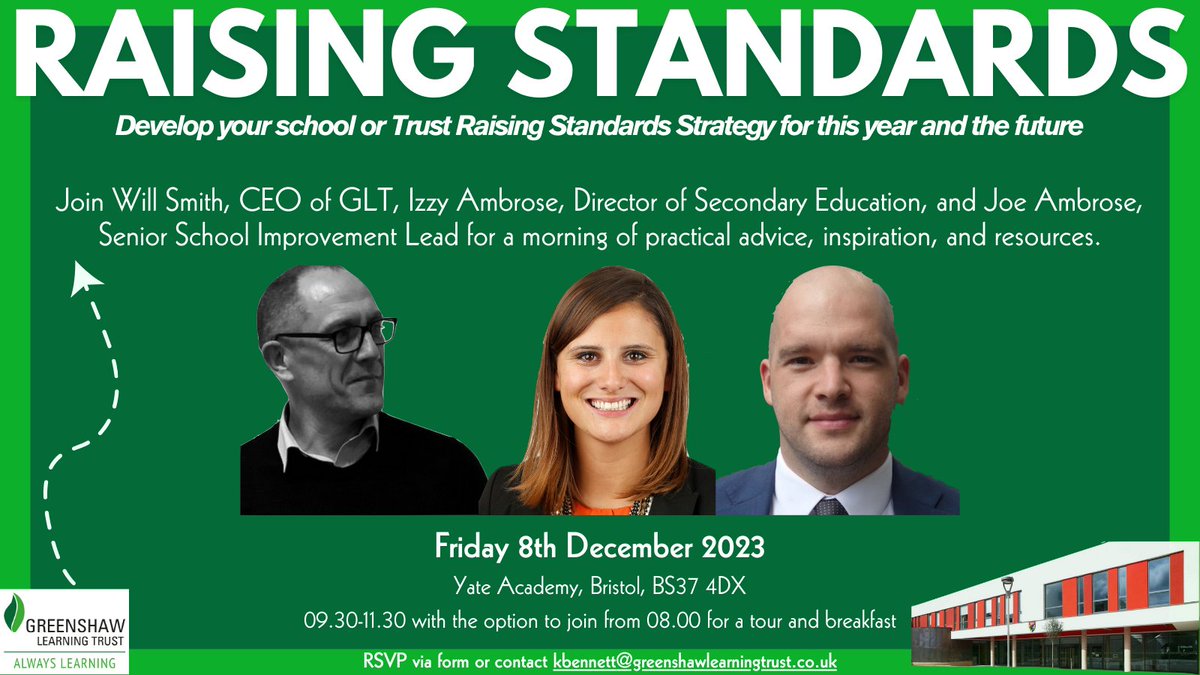 GreenshawTrust's tweet photo. 🚨 UPCOMING EVENT: Raising Standards Conference

Join @MrWill_Smith, @JoeAmbroseGLT and Izzy Ambrose for a morning full of strategy, collaboration, and take-away resources.

📅 8th December
⌚️ 09.30-11.30 (option to join from 08.00)
🎟️ Register for free – https://t.co/yNfngsOZMg https://t.co/5NemKhqa18