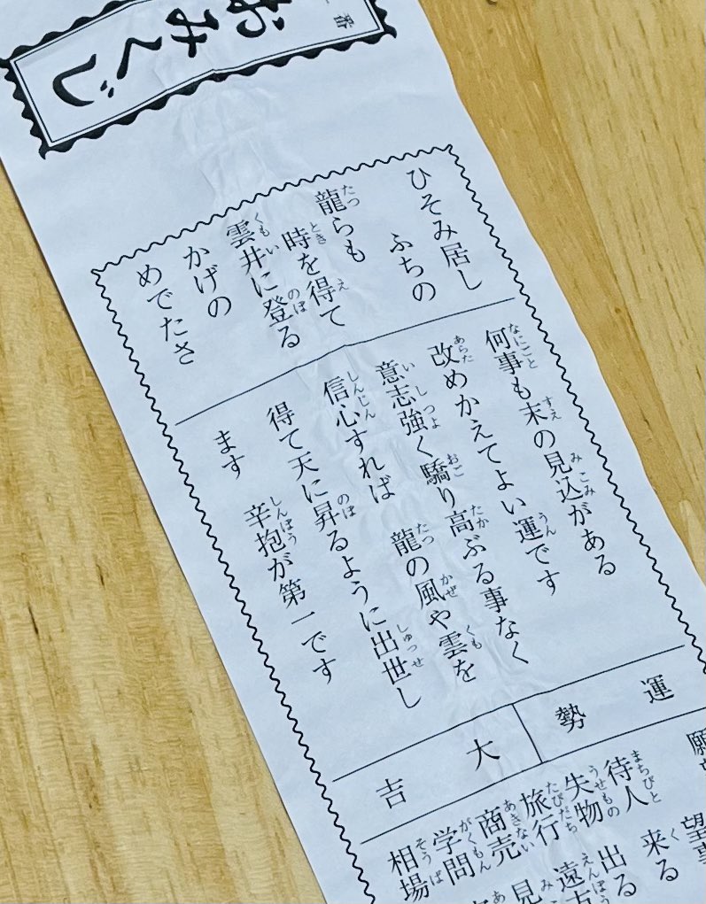 昨日行った笠間稲荷神社で引いたおみくじ。
「龍の風や雲を得て天に昇るように〜」と言っていただいた。辛抱が第一か。投げ出さずに頑張ろう🐉