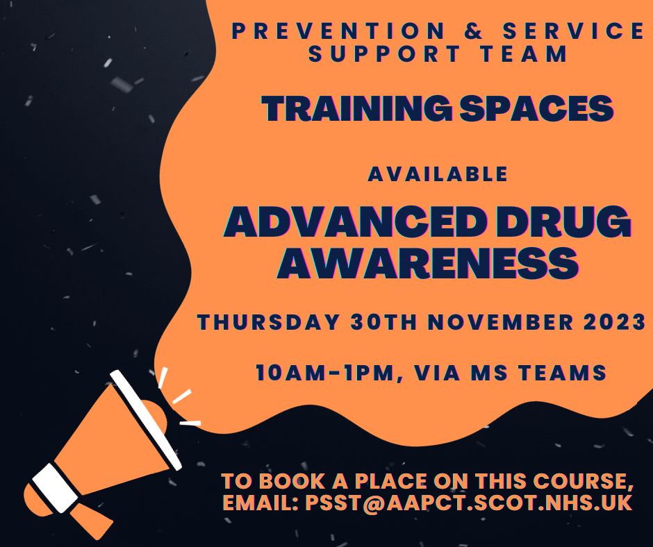 Prevention & Service Support Team (@psst_nhsaaa) on Twitter photo We currently have space available on our Advanced drug awareness training on Thursday 30th November 2023 from 10am-1pm via Microsoft Teams
If you are interested in taking part in this course please Email: psst@aapct.scot.nhs.uk We currently have space available on our Advanced drug awareness training on Thursday 30th November 2023 from 10am-1pm via Microsoft Teams
If you are interested in taking part in this course please Email: psst@aapct.scot.nhs.uk