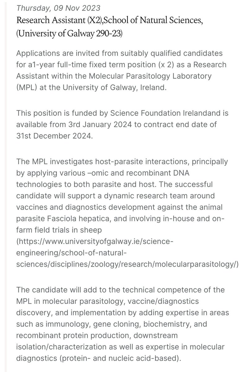 MPL_UniOfGalway's tweet photo. ❗️We are hiring!❗️
Two one-year Research Assistant positions are available in our laboratory.
Experience with immuno-techniques, recombinant DNA methods &amp; basic biochemistry required. 
Deadline 24th of November.
More information &amp; application:
https://t.co/BhMklQtE1E
Please share https://t.co/8j9MwPEyAQ
