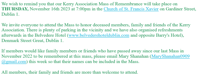 KerryAssoc's tweet photo. Please see details  of our remembrance mass which takes place on Thursday. https://t.co/FpvKowEHYy