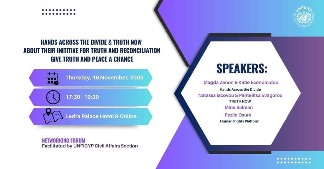 The <a href="/UN_CYPRUS/">UN Cyprus</a> networking forum will host a panel discussion with the organizations <a href="/TruthCyprus/">Truth Now Cyprus</a> and Hands Across the Divide on the right to truth and the issue of missing persons in Cyprus.
🗓️ Thursday, 16/11
🕔17:30
📍 Ledra Palace and Online