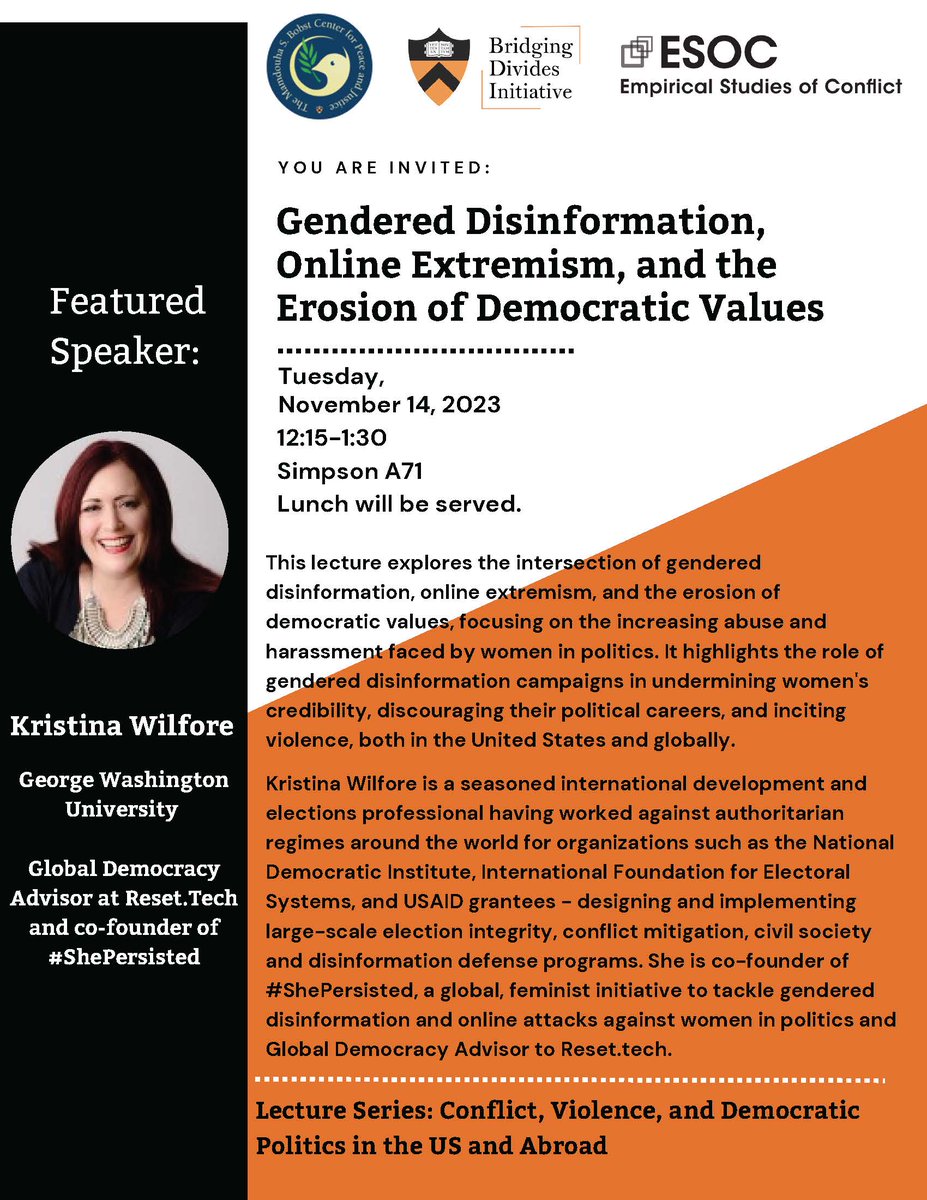 Come see Kristina Wilfore tomorrow at 12:15, Simpson A21. Co-sponsored by the Bobst Center and the Bridging Divides Initiative. <a href="/PUPolitics/">Princeton Politics</a> #ShePersisted