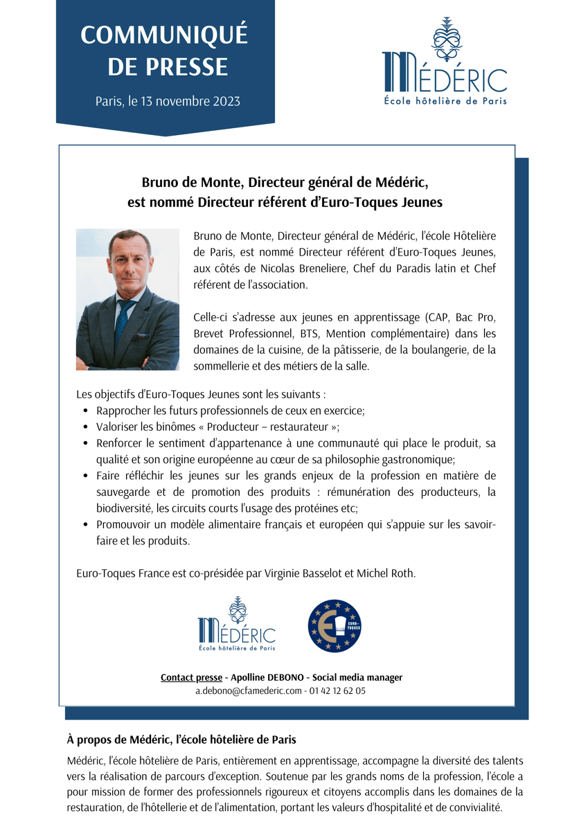 Médéric, école hôtelière de Paris (@mederic_ecole) on Twitter photo Bruno de Monte, Directeur général de Médéric,
est nommé Directeur référent d’<a href="/EuroToques1/">Euro-Toques France</a>
Jeunes⤵️ Bruno de Monte, Directeur général de Médéric,
est nommé Directeur référent d’<a href="/EuroToques1/">Euro-Toques France</a>
Jeunes⤵️