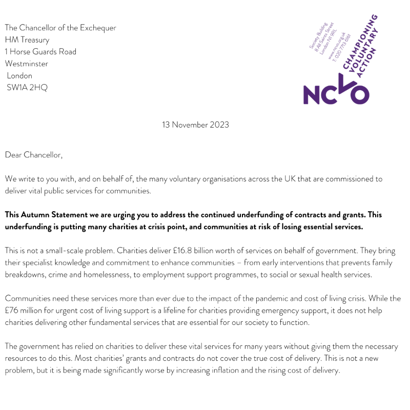NCVO's tweet photo. Chronic underfunding of public services is pushing charities to crisis point. Today, we’re calling on @Jeremy_Hunt to commit to properly funding public services delivered by charities in this year’s autumn statement. Make sure your voice is heard by co-signing our open letter 👇
