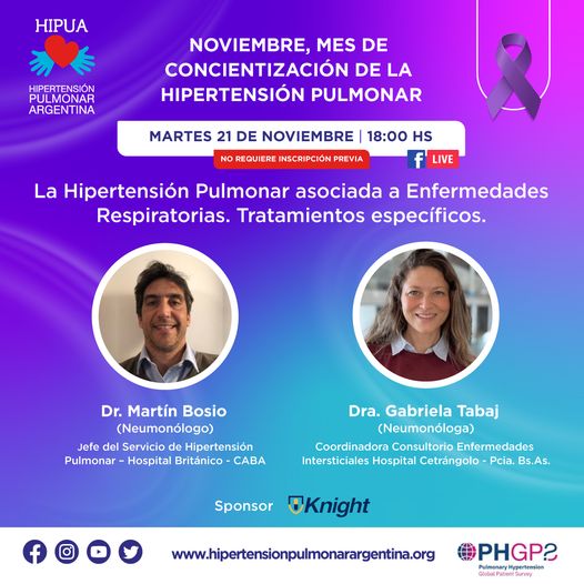 🗓️ El martes 21 de noviembre llevaremos adelante el primer conversatorio del mes de concientización de la Hipertensión Pulmonar.

👉 Nos acompañarán la Dra. Gabriela Tabaj y el Dr. Martín Bosio.

📲 Por Facebook Live.

#HipertensionPulmonar #hipuaconvos