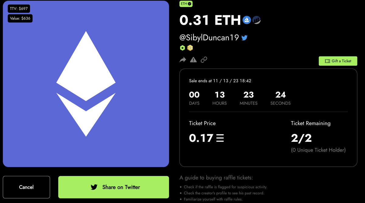 SibylDuncan19's tweet photo. 🎉 Exciting Raffle Alert! 

🎟️ Get a chance to win 0.31 ETH with just a 0.17 ETH ticket! 

⏰ Hurry, the clock is ticking - less than 19 hours left! Only 2 tickets!

Who knows? Luck might just be a click away. 🍀 #EthereumRaffle #CryptoGiveaway #WinETH https://t.co/TbohGoxpGG