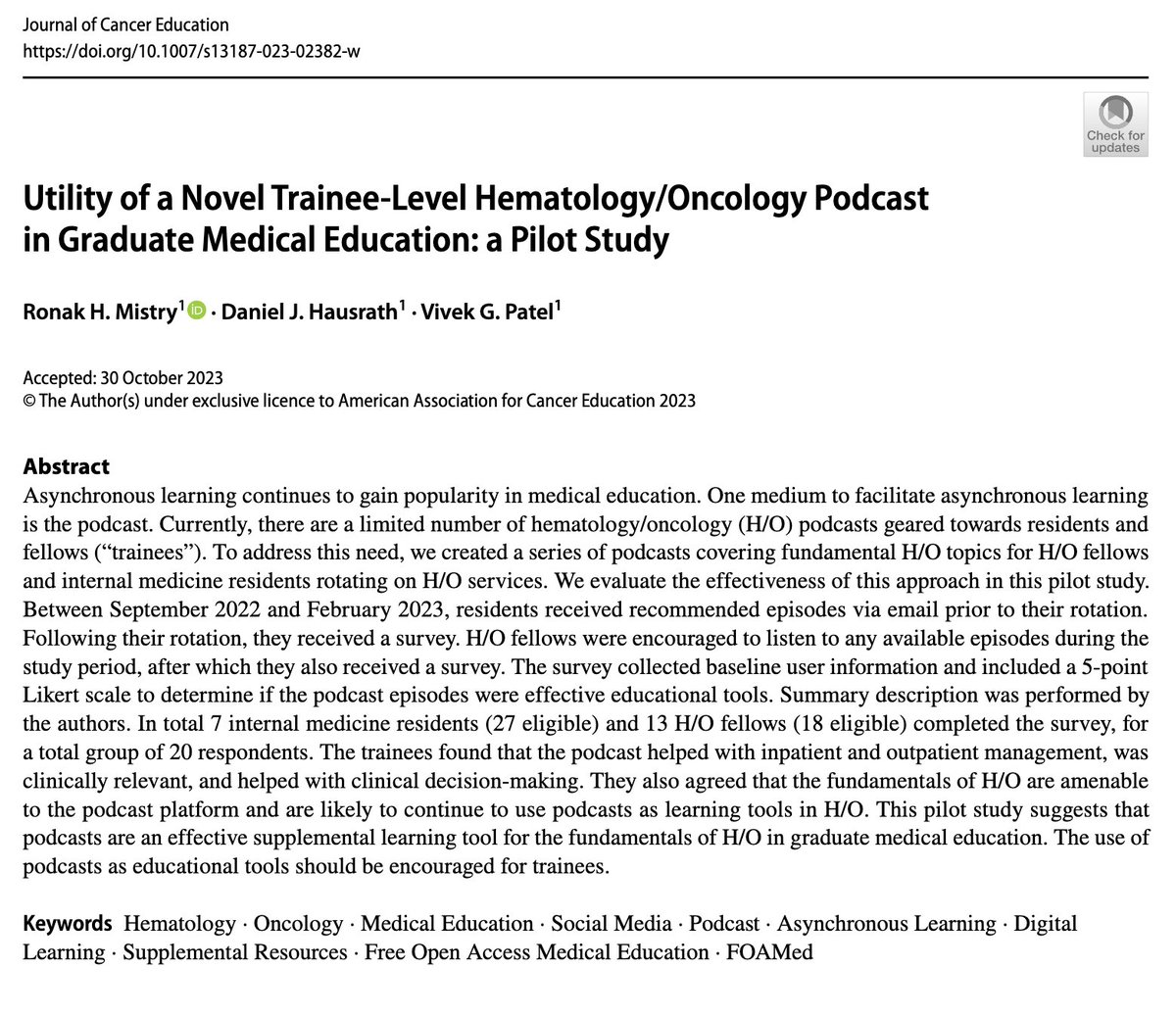 We are elated to share our very first published medical education research study showcasing how effective @TheFellowOnCall is as a supplemental resource for trainees in hematology/oncology! 🤩 Check it out here: rdcu.be/dqOw5 #MedEd #HemeOnc #FOAMed