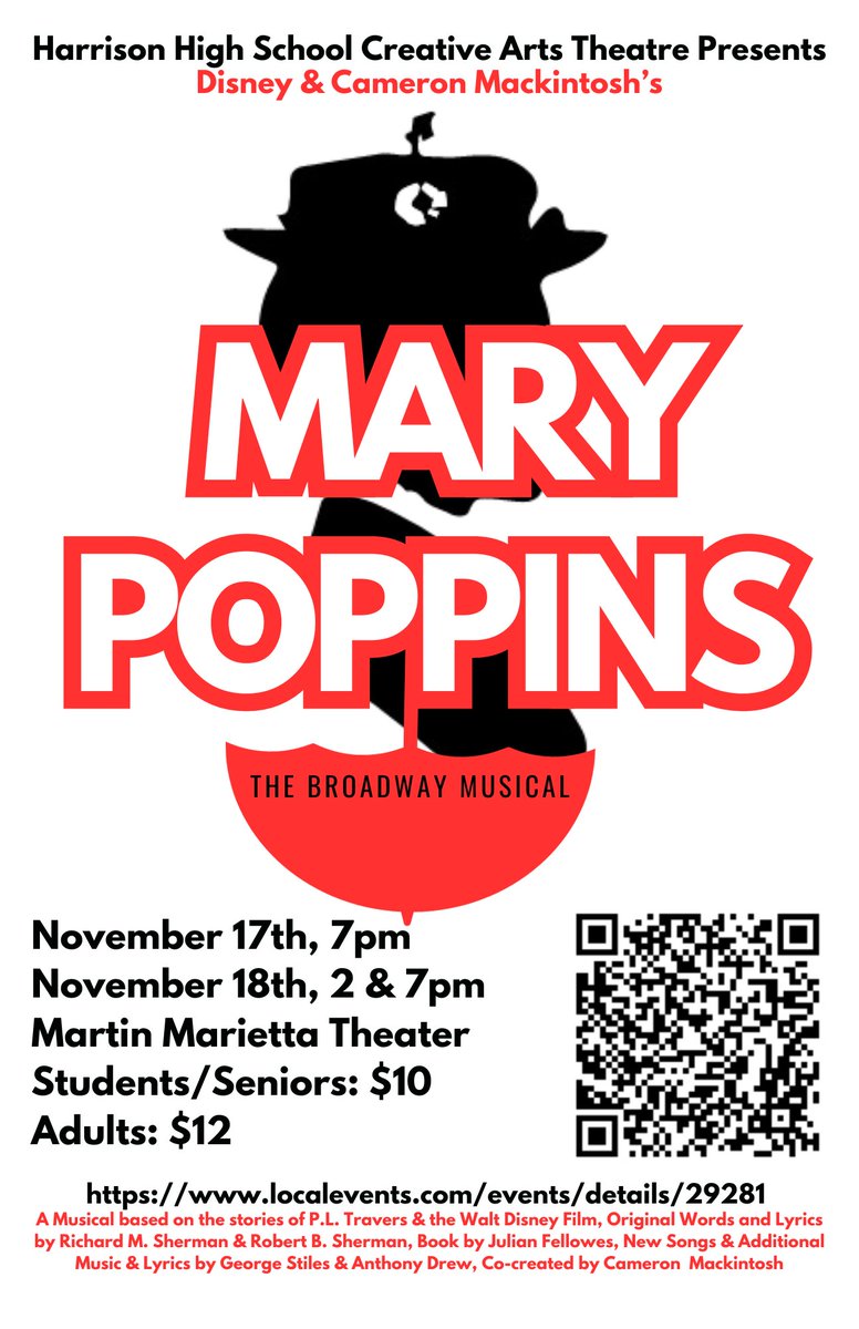 HarrisonWildcat's tweet image. Friday at 7 PM, and Saturday at 2 and 7 PM, @HarrisonDrama presents Mary Poppins.  Purchase tickets online at the price of $10 for students and seniors and $12 for adults.  locallevelevents.com/events/details… 
They look forward to seeing you this weekend!