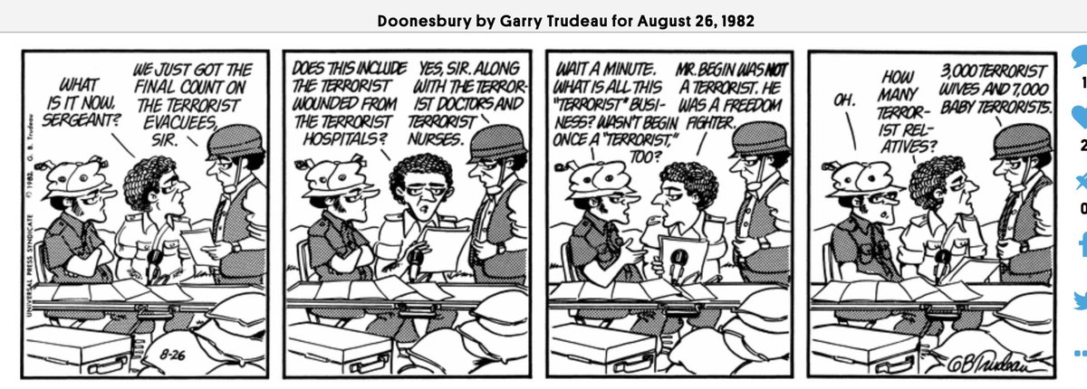 ggreenwald's tweet photo. "Doonesbury," by Garry Trudeau for August 26, 1982, on Terrorists: https://t.co/QQgzXLAjFY