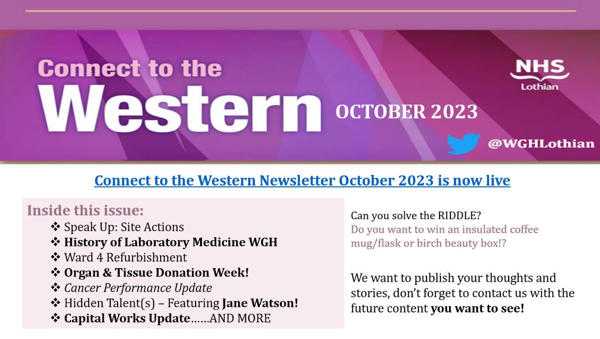 WGH Connect (@wghlothian) on Twitter photo Connect to the Western October 2023 Edition is now live on the NHS Lothian Intranet.
Featuring our monthly ‘Connect Profile’, a Speak Up: Site actions overview and an article dedicated to the History of Laboratory Medicine at the WGH!
Check it out…#CTTW <a href="/NHS_Lothian/">NHS Lothian</a> Connect to the Western October 2023 Edition is now live on the NHS Lothian Intranet.
Featuring our monthly ‘Connect Profile’, a Speak Up: Site actions overview and an article dedicated to the History of Laboratory Medicine at the WGH!
Check it out…#CTTW <a href="/NHS_Lothian/">NHS Lothian</a>