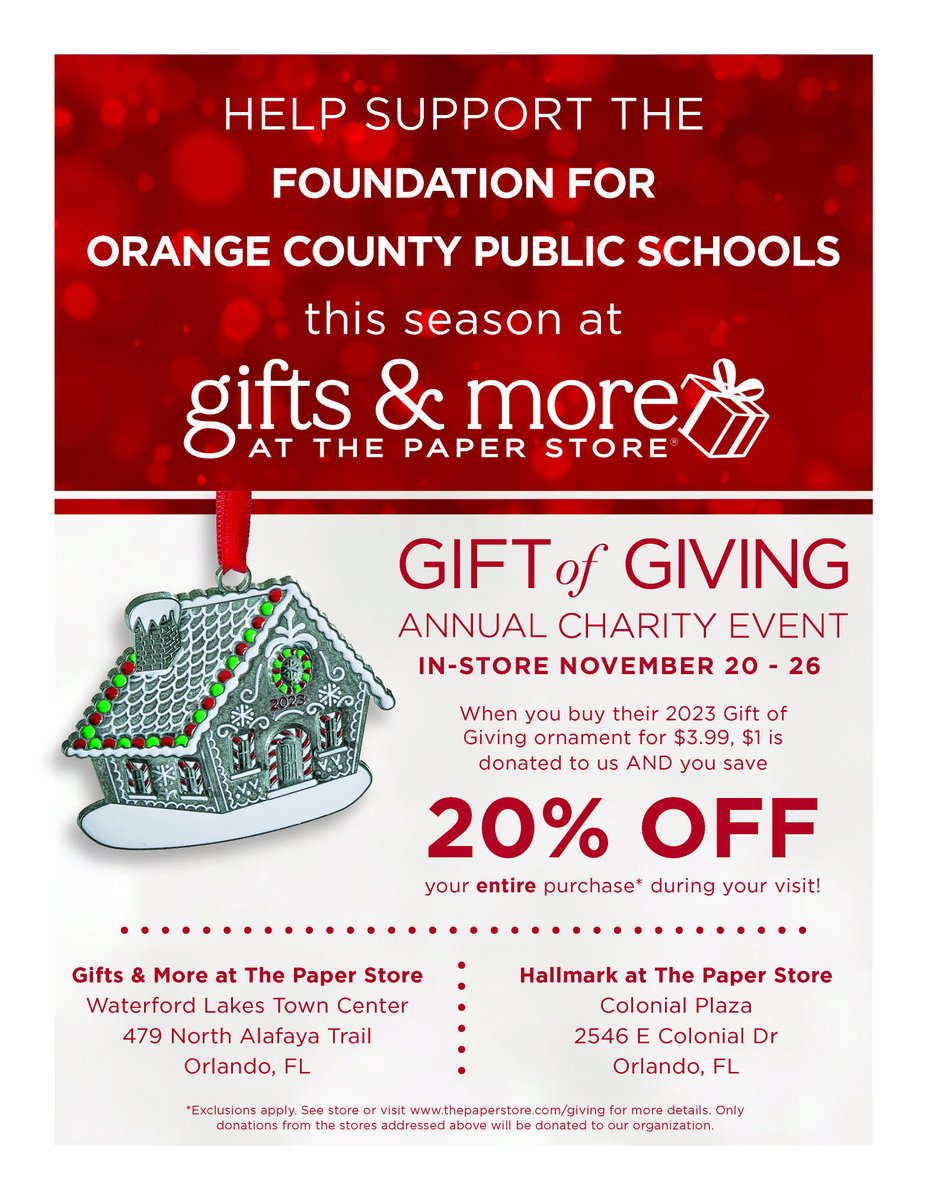 Fdn4OCPS's tweet photo. Still looking to add a little something to your holiday gift giving? This year The Paper Store’s two Orlando locations are offering a 2023 ornament that benefits the @Fdn4OCPS. See flyer image for details.
#fdn4ocps #thepaperstore
@ocpsnews https://t.co/SOnoDgh51a