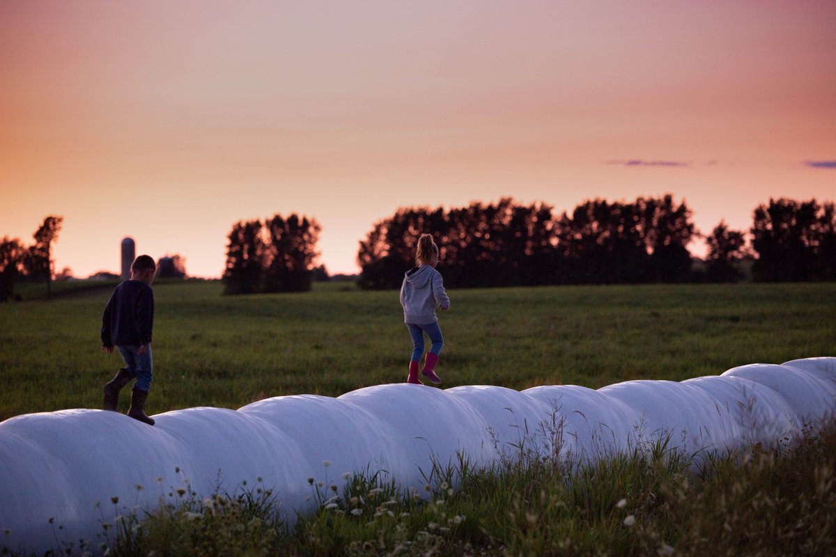 FCEast's tweet photo. Siblings Kent and Mallory Gehrke are enjoying the sunset on the hay bales at Gehrke Ag Venture in Belleville, N.Y. Proud mom, Brittany, was close by to capture this stunning shot, featured in our 2023 Agricultural Views calendar. #AgriculturalViews #AgViews #MadeInAgriculture https://t.co/JSSSDmoBWv