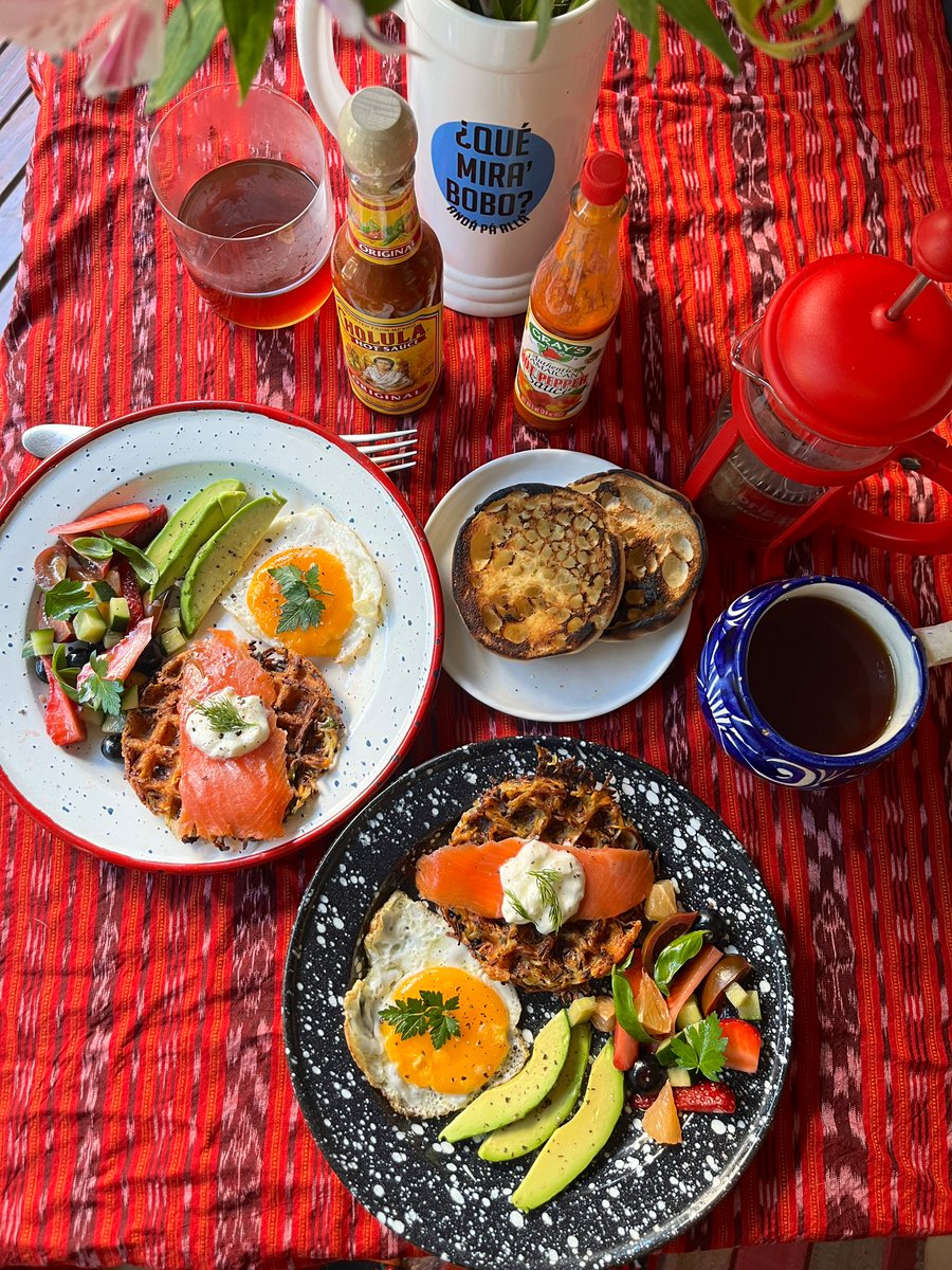 Not tryin to brag but I'm pretty good at making breakfast: Cheddar hashbrown waffle (🥔🍠), smoked trout &amp; dill yogurt, fried egg, salad, avocado, English muffin
