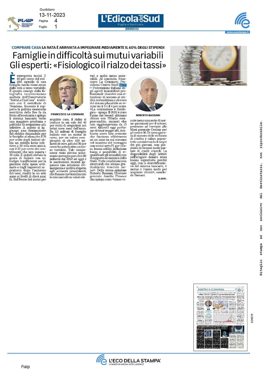 Fiaip's tweet image. #Immobiliare: 'Famiglie in difficoltà sui #mutui variabili'.  A parlare dell'andamento dei mutui bancari, delle 'contrazione fisiologica' delle compravendite rispetto al 2022 e dell'accesso al credito immobiliare con L'Edicola del Sud sono Francesco La Commare, Presidente del