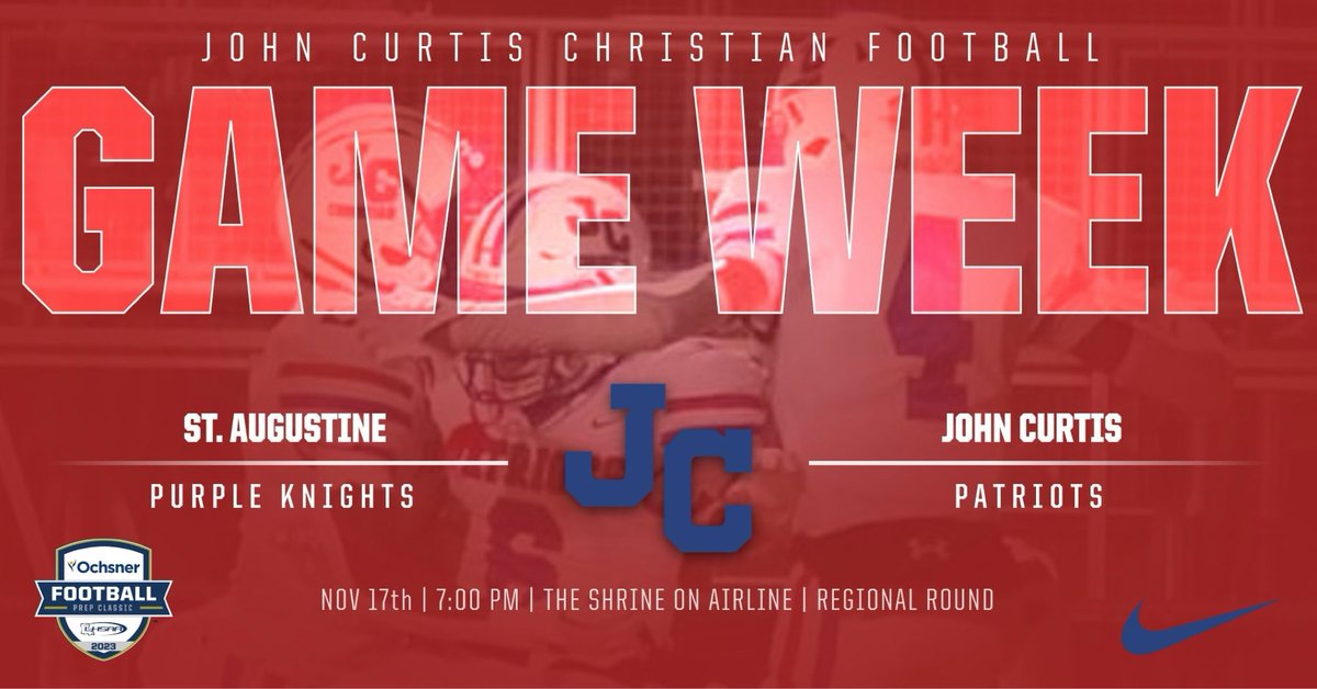 PLAYOFFS - REGIONALS! The PATRIOTS play host to the St. Augustine Purple Knights in the Regional Round of the DI State Playoffs! The game is on Friday, November 17th at The Shrine on Airline. Kickoff is set for 7:00 PM. Come out and support your PATRIOTS! #PatriotPower #BCFL