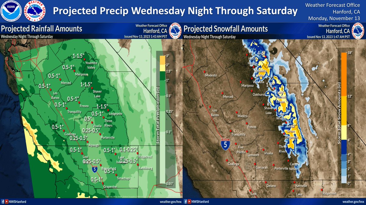 A storm system will impact Central California Wednesday night through Saturday, resulting in periods of precipitation. The majority of this precipitation will fall Wednesday night, Thursday, Friday afternoon, and Friday night. Snow levels will be around 7,000 feet. #CAwx