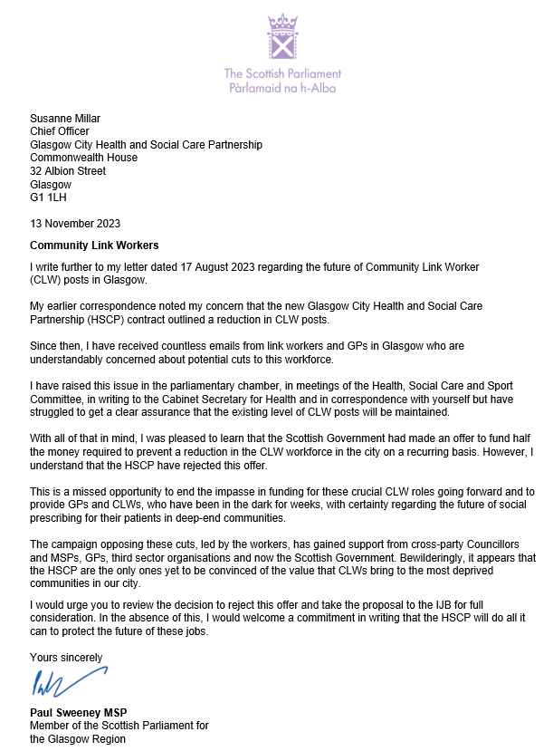 PaulJSweeney's tweet photo. I have written to the Chief Officer of Glasgow Health and Social Care Partnership, Susanne Millar, urging her to protect Community Link Workers from proposed cuts.
Cutting these key community health workers risks worsening the crisis in health and social care. https://t.co/UPqyKCZUnj