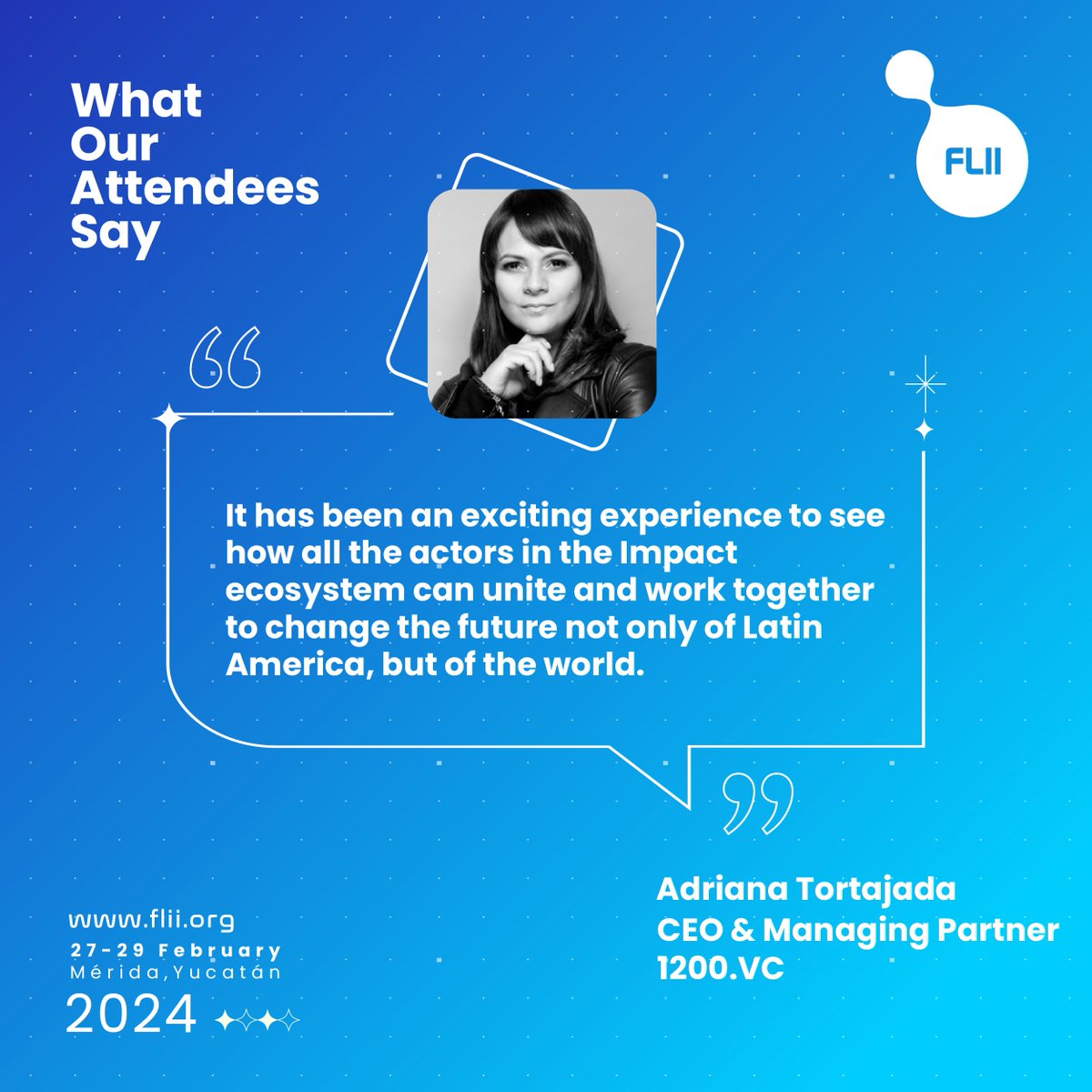 FLII_latam's tweet photo. 💬"It has been an exciting experience to see how all the actors in the Impact ecosystem can unite and work together to change the future not only of Latin America, but of the world". @Atortajada 
#FLIIConnect🧬 #FLII2024 https://t.co/Ae8GQt1zSh
