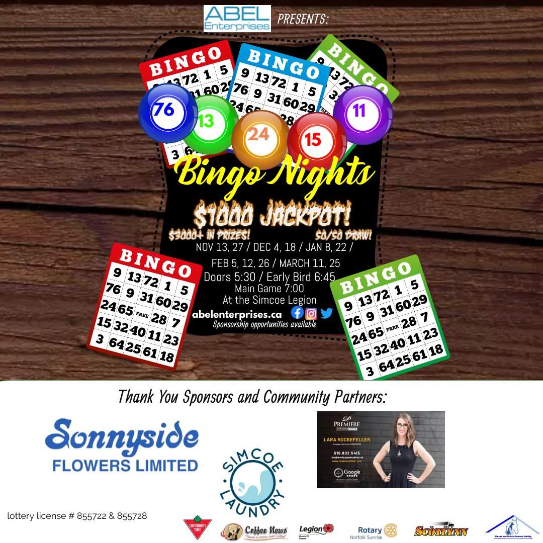 Did you know....

You can build social connections, increase hand-eye coordination, and maintain your cognitive abilities and focus by playing bingo?

See you tonight at the Simcoe Legion!

Doors at 5:30, early bird games at 6:30 and main games at 7!