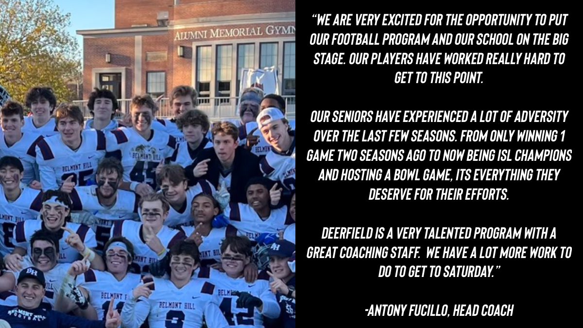 Alex Agrella (@alexagrellarb) on Twitter photo Belmont Hill has won the ISL…Two years ago this team only had 1 win. A tremendous turn around in year one for <a href="/CoachFucillo/">Anthony Fucillo</a>
I asked him about winning the ISL and playing Deerfield in a bowl game. Belmont Hill has won the ISL…Two years ago this team only had 1 win. A tremendous turn around in year one for <a href="/CoachFucillo/">Anthony Fucillo</a>
I asked him about winning the ISL and playing Deerfield in a bowl game.