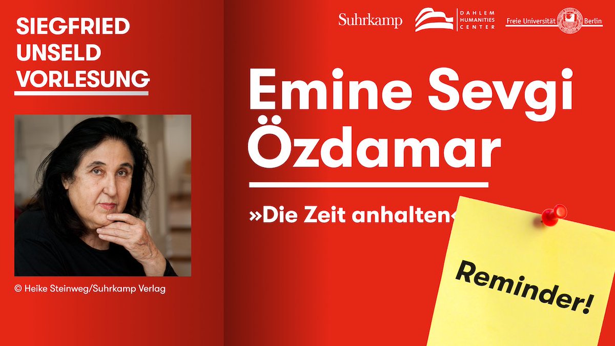 Reminder: Siegfried Unseld Vorlesung ist in 2 Wochen!

In ihrer Vortrag “Die Zeit anhalten” erzählt Emine Sevgi Özdamar, wie ihr die Dramen von Kleist, Büchner und Brecht zu einer Sprache verhalfen, die das Erzählen des Lebens erst möglich machte.

ℹ️tinyurl.com/yeymb3y3