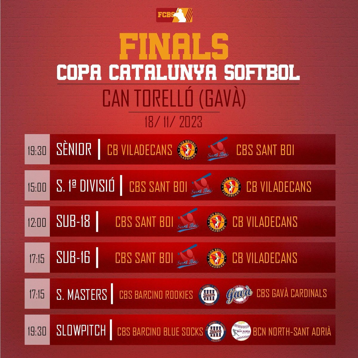 🏆 FINALS COPA CATALUNYA 2023 🏆

📅18 de Novembre
📍 Can Torelló (Gavà)

Molta sort a totes i tots!!