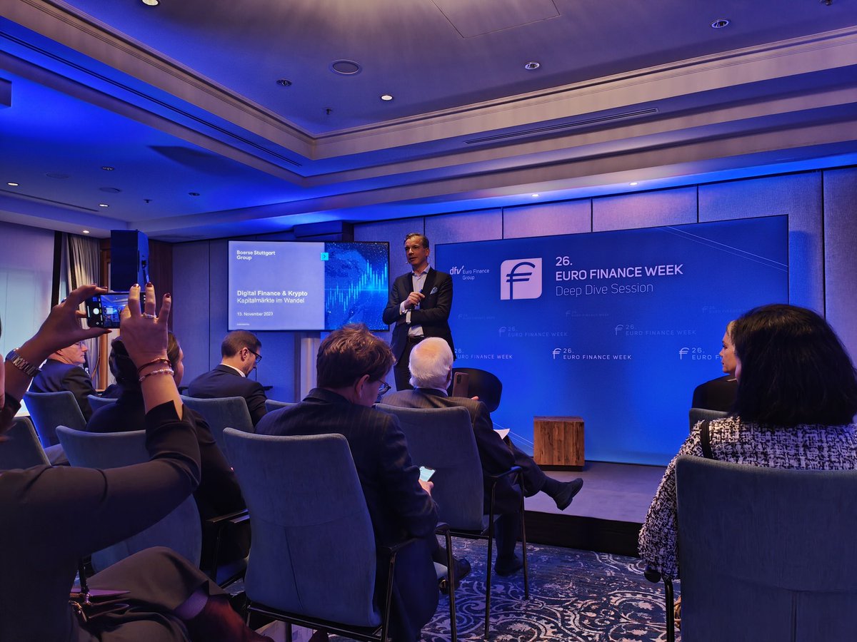 jochenbiederm's tweet photo. @boersestuttgart's Deep Dive on #DigitalFinance and #Crypto has started at the @eurofinanceweek #EFW23 with the keynote by Dr. Matthias Völkel. @WAIFC_ @StgtFinancial https://t.co/HqYJKa4z1E