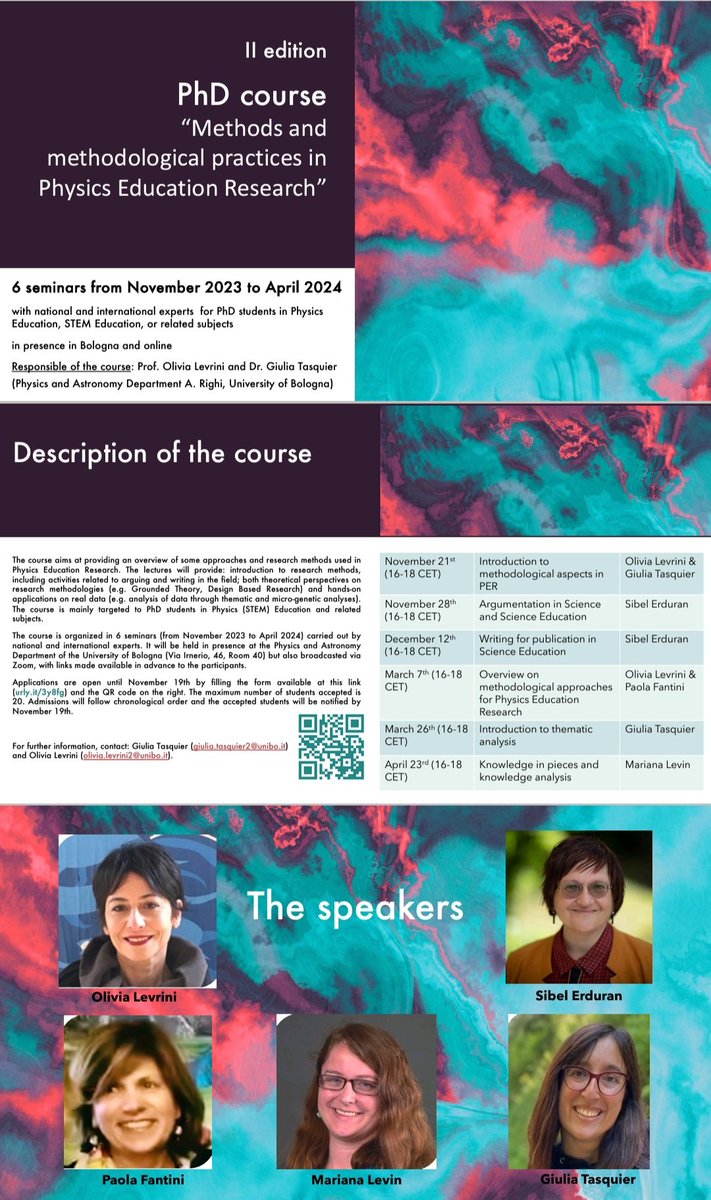#ScienceEducation #PhDstudents #ECR

II edition of the PhD course about “Methods and methodological practices in Physics Education Research” start next week in Bologna and online.

🔜 Registration until November 19th!!

<a href="/olivia_levrini/">Olivia Levrini</a> @ErduranSibel <a href="/mariana_levin/">Mariana Levin</a> <a href="/PaolaFantini5/">Paola Fantini</a>