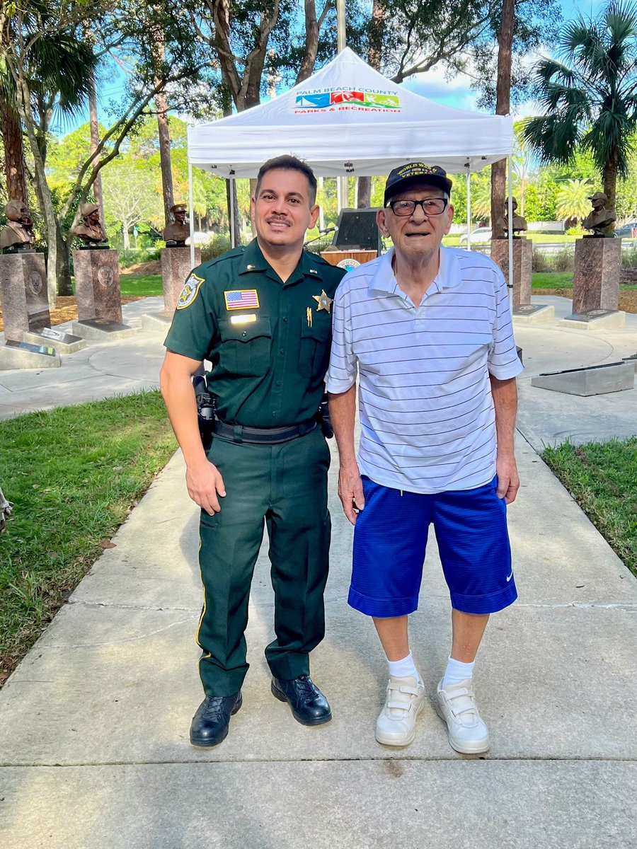 PBCountySheriff's tweet photo. We had a fantastic Veteran's weekend! Besides the many parades we attended, the highlight was Lt. DeFago bringing his 97-year-old grandfather, James DeFago, a World War II Pacific Theater veteran, to the Veterans Day Ceremony in West Boca. 🇺🇸 #VeteransDayWeekend https://t.co/qn9lwTk3Ax