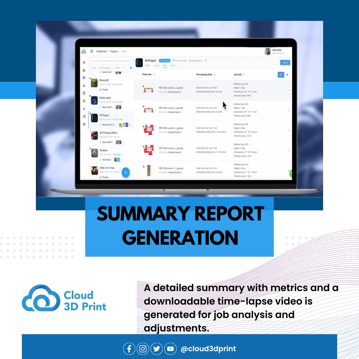 tech_blazers's tweet image. Effortless insights at your fingertips! 📊
✨ Unlock a detailed print summary with metrics like time and material usage. 
📈 Enhanced by a downloadable time-lapse video, empowering you for thorough job breakdown analysis and seamless adjustments.
#Cloud3DPrint #Mechsolutions