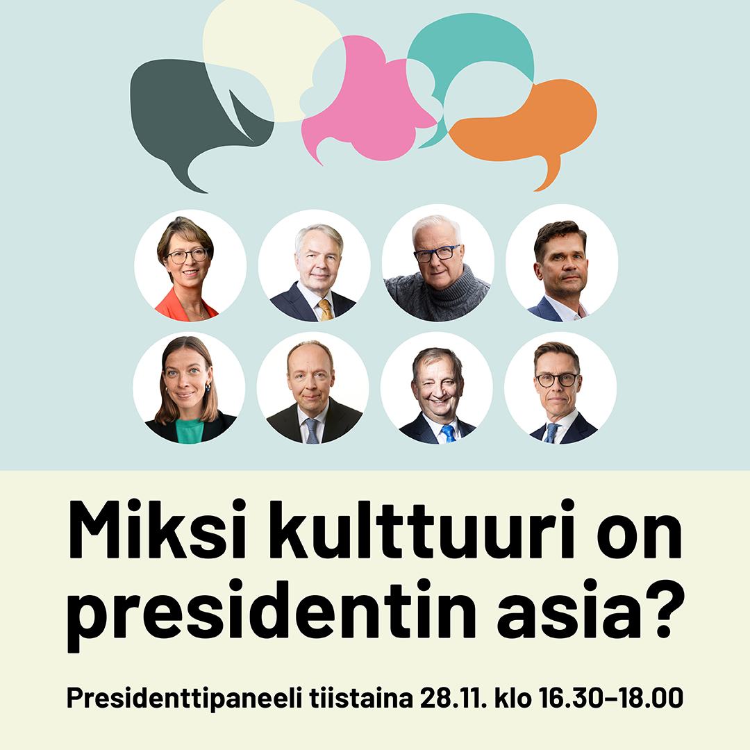 Taike (@taiketweet) on Twitter photo 📣 Tule kuulolle presidenttipaneeliin 28.11.!
Mukana ovat <a href="/MikaAaltola/">Mika Aaltola</a>, <a href="/liandersson/">Li Andersson</a>, <a href="/SariEssayah/">Sari Essayah</a>, <a href="/Haavisto/">Pekka Haavisto</a>, <a href="/Halla_aho/">Jussi Halla-aho</a>, <a href="/hjallisharkimo/">Hjallis Harkimo</a>, <a href="/ollirehn/">Olli Rehn</a> ja <a href="/alexstubb/">Alexander Stubb</a>.
📅 Ilmoittaudu viimeistään 22.11.
➡️ taike.fi/fi/tapahtumat/…
#KulttuuriPresidentti @skr_fi <a href="/saatiotrahastot/">Säätiöt ja rahastot - Stiftelser och fonder</a> 📣 Tule kuulolle presidenttipaneeliin 28.11.!
Mukana ovat <a href="/MikaAaltola/">Mika Aaltola</a>, <a href="/liandersson/">Li Andersson</a>, <a href="/SariEssayah/">Sari Essayah</a>, <a href="/Haavisto/">Pekka Haavisto</a>, <a href="/Halla_aho/">Jussi Halla-aho</a>, <a href="/hjallisharkimo/">Hjallis Harkimo</a>, <a href="/ollirehn/">Olli Rehn</a> ja <a href="/alexstubb/">Alexander Stubb</a>.
📅 Ilmoittaudu viimeistään 22.11.
➡️ taike.fi/fi/tapahtumat/…
#KulttuuriPresidentti @skr_fi <a href="/saatiotrahastot/">Säätiöt ja rahastot - Stiftelser och fonder</a>