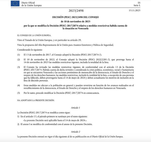 lilianaf523's tweet photo. VENEZUELA - LO ÚLTIMO.  La Unión Europea renovó las sanciones contra el régimen de Nicolás Maduro hasta el 14 de mayo de 2024. “Estas medidas pueden revertirse en función de los avances realizados en el restablecimiento de la democracia". https://t.co/yHNI7SxXh2
