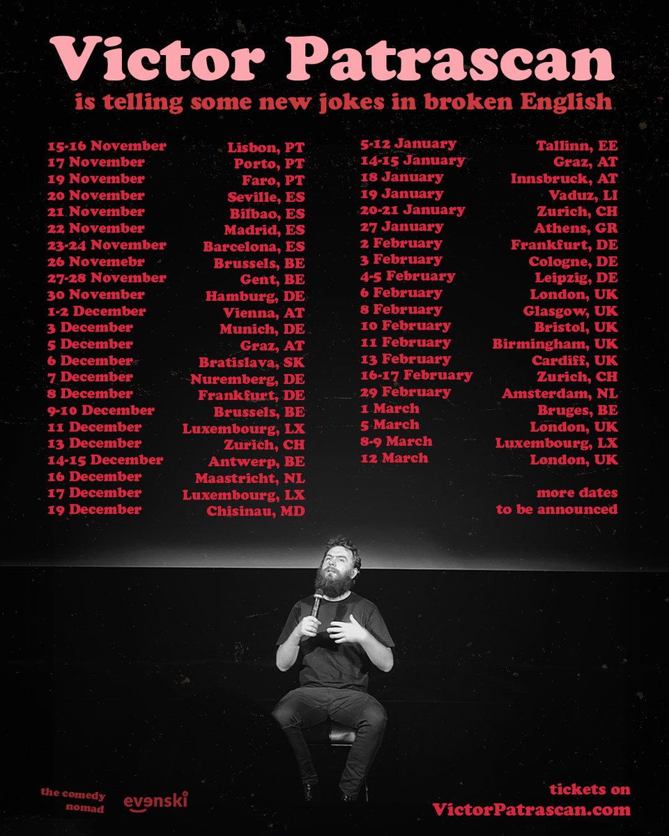 I'm coming to your village! Tell your friends! tickets 🎟️ link in bio theComedyNomad.com more dates to be added soon #standupcomedy #comedyinenglish #eurotour produced by @evenskievents and @thecomedynomad 📸 @unrealkm