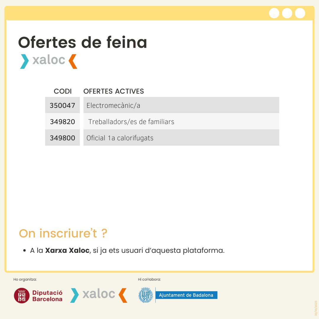 IMPOBdn's tweet photo. 📢Com cada dilluns, us portem noves ofertes de feina que podeu trobar a la Xarxa Xaloc. Si estàs cercant feina no perdis l’oportunitat!
➡️Accedeix a les ofertes mitjançant el següent enllaç i introdueix el codi de l’oferta per cercar-la:
https://t.co/53CuvIWaKq
#ofertesfeina https://t.co/SZSWcnsffp