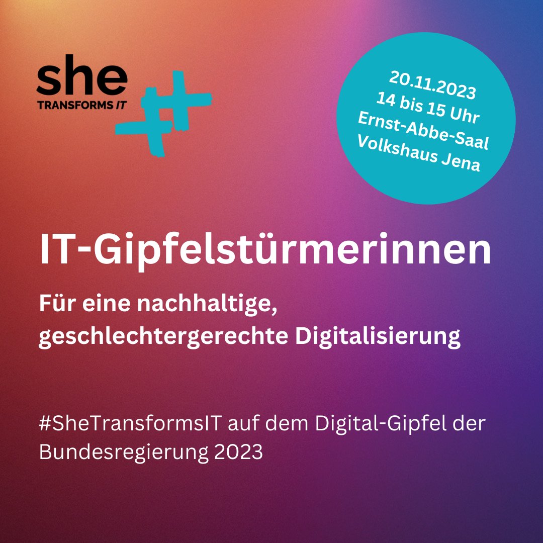 "Digitale Transformation in der Zeitenwende. Nachhaltig. Resilient. Zukunftsorientiert." - Das geht nur mit mehr Frauen in der Digitalisierung!
#SheTransformsIT auf dem Digital-Gipfel der Bundesregierung - am 20. November im Volkshaus Jena und im Stream 👇
de.digital/DIGITAL/Redakt…