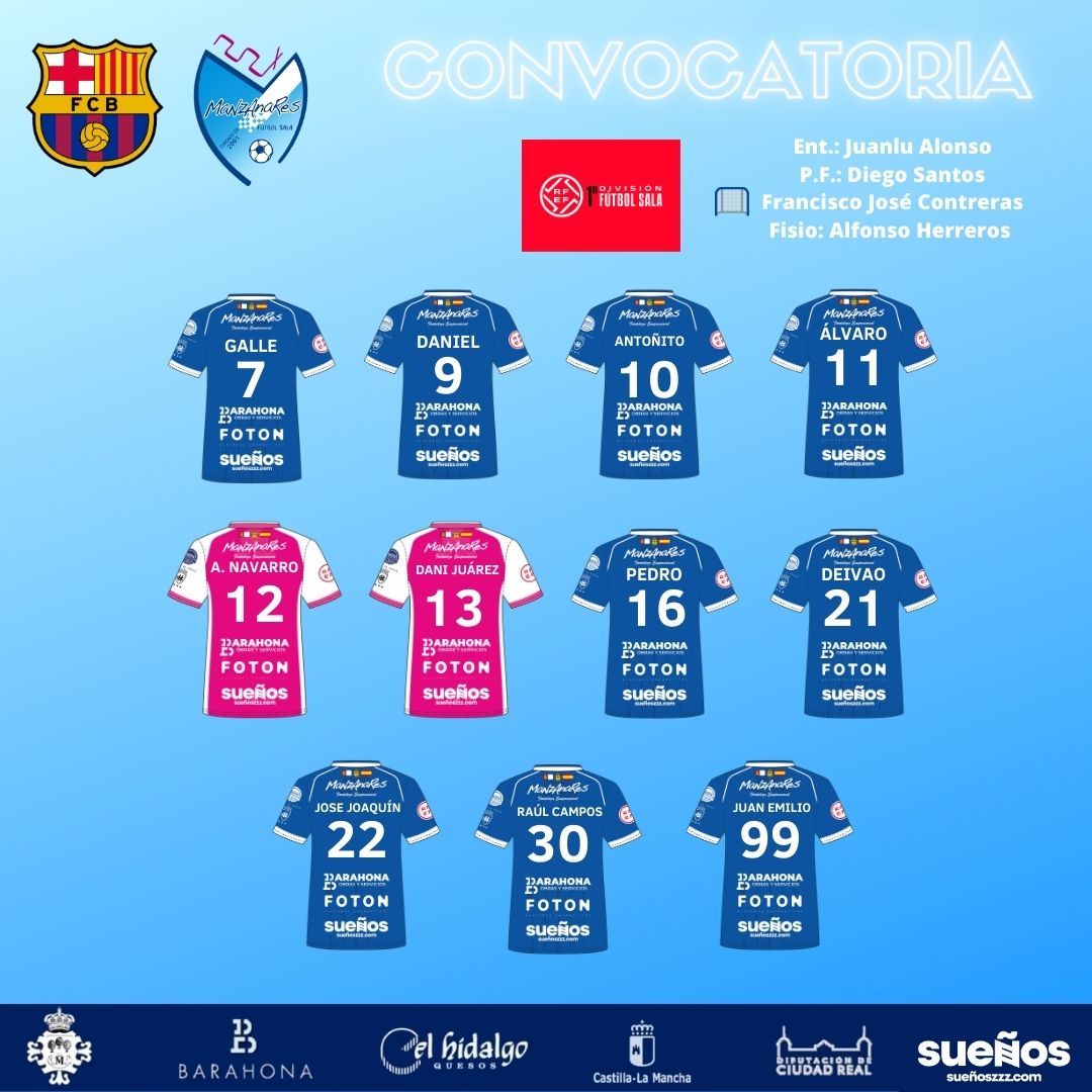 🔵⚪[📝] <a href="/BarcaFutbolSala/">Barça Fútbol Sala</a>
7️⃣ <a href="/elgalle7/">Juan Rodriguez</a> 
9️⃣<a href="/Dani_Gabriel9/">Daniel</a>
1️⃣0️⃣ #Antoñito
1️⃣1️⃣<a href="/LopezAlvaro11/">Alvaro Lopez</a> 
1️⃣2️⃣ <a href="/Anntonio1_/">Antonio Navarro</a> 🥅
1️⃣3️⃣ #DaniJuárez ©🥅
1️⃣6️⃣ @PedroBeraldo18
2️⃣1️⃣ #Deivāo
2️⃣2️⃣ <a href="/Joselill010/">Joselillo</a>
3️⃣0️⃣ <a href="/17RaulCampos/">Raúl campos</a>
9️⃣9️⃣ #JuanEmilio
-----------------
Ent:<a href="/JuanluA910/">Juan Luis Alonso</a>
P.F.:<a href="/diego_disman/">Diego Santos Sanz</a>
