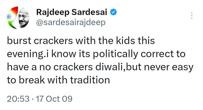 IndiaCrooks's tweet image. Crook @sardesairajdeep was #PoliticallyIncorrect in 2009 but became #PoliticallyCorrect later as it's convenient to pelvically-correct post 2014. A Master U-Turner!!
#FireCrackers #Morality #Diwali #Tradition