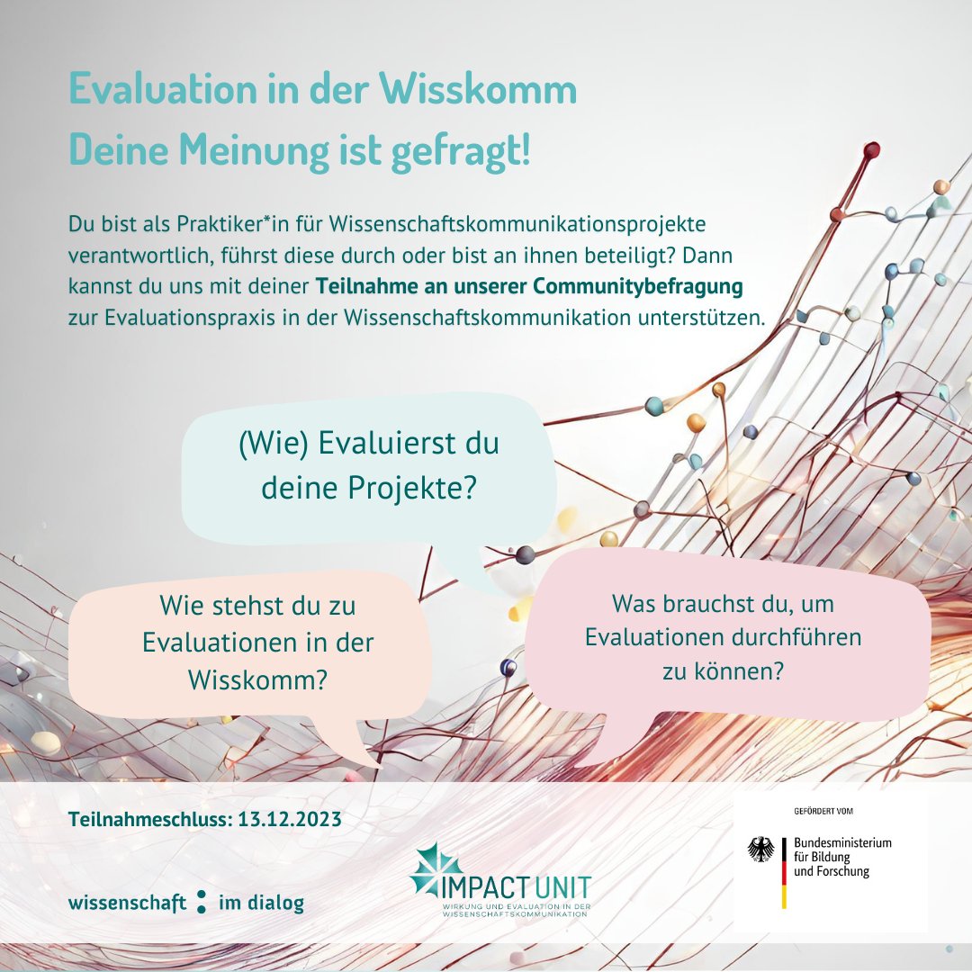 #Wisskomm-Praktiker*innen, ihr seid gefragt! Die #ImpactUnit führt eine Umfrage zum Stand der Evaluationspraxis durch: Was &amp; wie wird evaluiert? Was läuft gut, was nicht? Helft uns, ein Bild der Lage zu bekommen – vielen Dank!
📊wissenschaftimdialog.limesurvey.net/773251?lang=de
#Evaluation