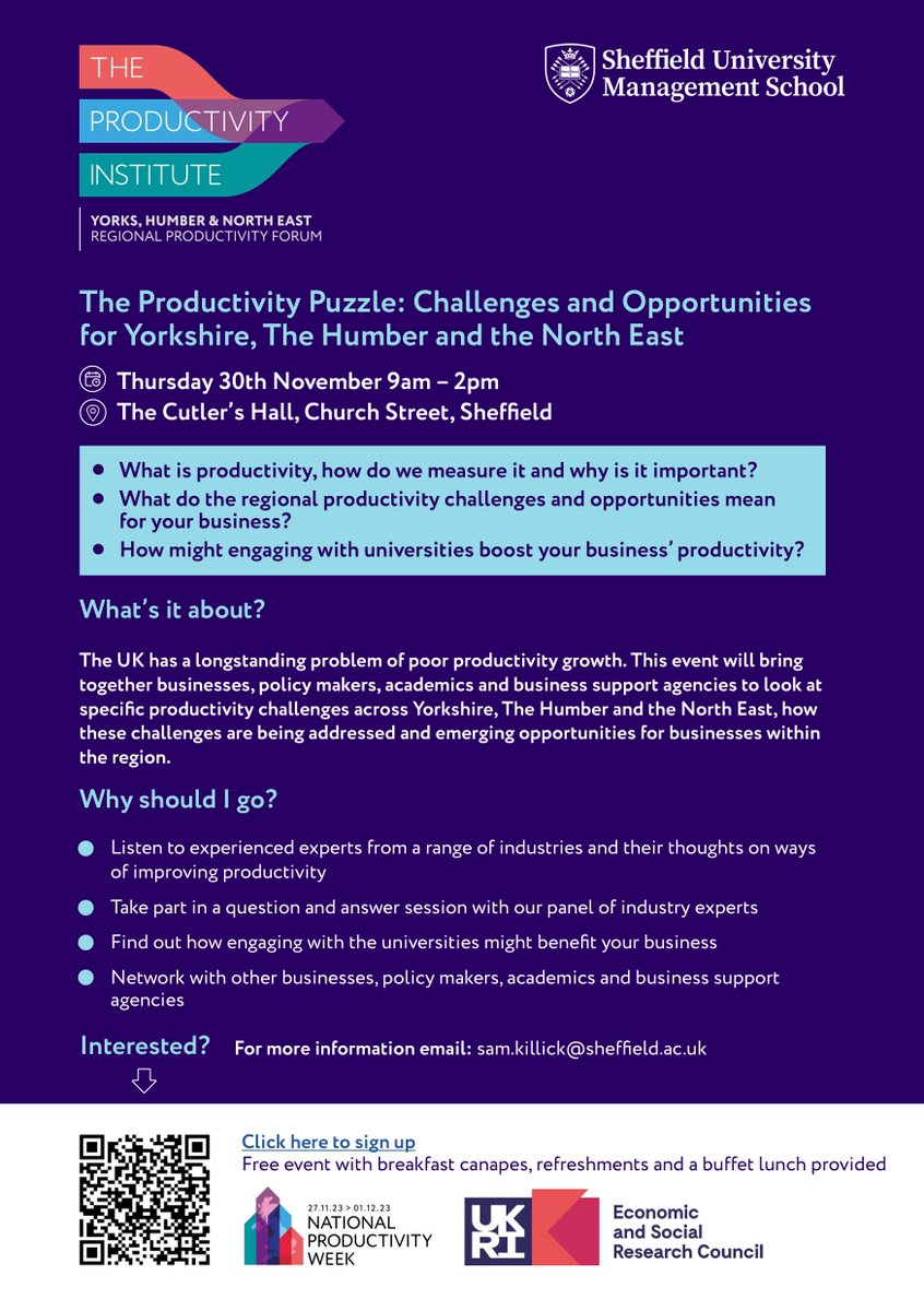 Join <a href="/UoS_Management/">Sheffield University Management School</a> on 30th November <a href="/TheCutlersHall/">Cutlers' Hall</a> for: 'The Productivity Puzzle: Challenges and Opportunities'.

🎤Explore insights into poor productivity growth, gain expert insights and discover growth opportunities! 

More info/registration 👇

#InnovateSY #Productivity