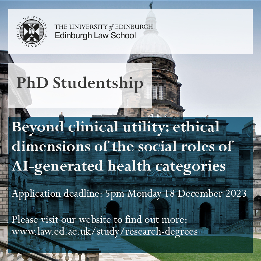 Are you interested in pursuing a PhD looking at the ethical dimensions of the social roles of AI-generated health categories? Applications are open for a funded PhD opportunity with the CTMF & @UoELawSchool! Applications close 18 Dec 2023, more details▶️ technomoralfutures.uk/news-database/…