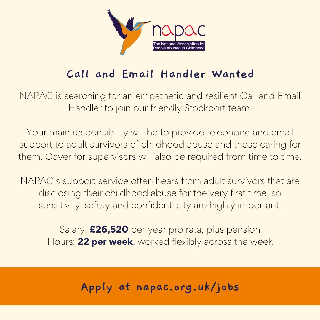 If you're calm, emotionally intelligent and passionate about supporting recovery from childhood abuse, we'd love to hear from you. This unique, rewarding position is based at our Stockport support centre. Apply before Wednesday 6th December 2023: tinyurl.com/3t2u8yup