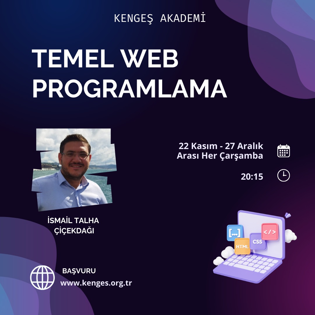Kenges2020's tweet photo. "Temel Web Programlama" eğitimi, 22 Kasım ve 27 Aralık 2023 tarihleri arasında her Çarşamba 20.15'te, YouTube kanalımız üzerinden ücretsiz olarak gerçekleştirilecektir.

#Kengeş #akademi #eğitim #web #programlama #bilgisayar https://t.co/ilKXukv2Nk