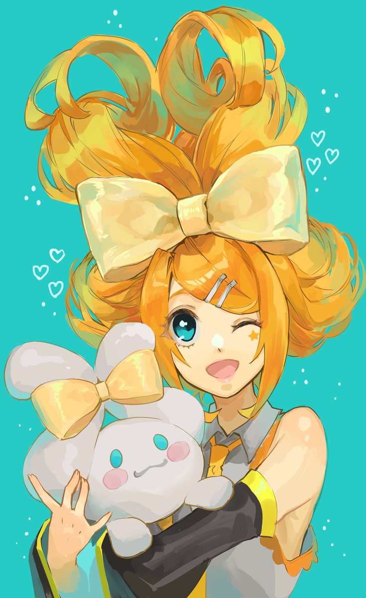 hatsune miku ,kagamine rin 1girl one eye closed hatsune miku (cosplay) updo bow detached sleeves hair bow  illustration images