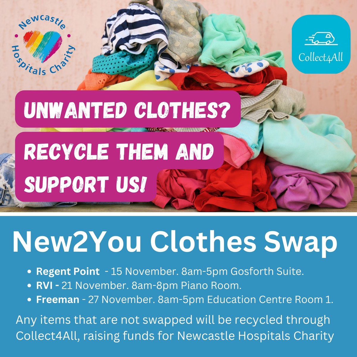 Do you work @NewcastleHosps and have items of clothing you never wear? How about donating them and providing someone else the pleasure of wearing something you once loved? New2You have 3 upcoming clothes swaps. See staff intranet for more information. @SustainableNUTH #SHINE