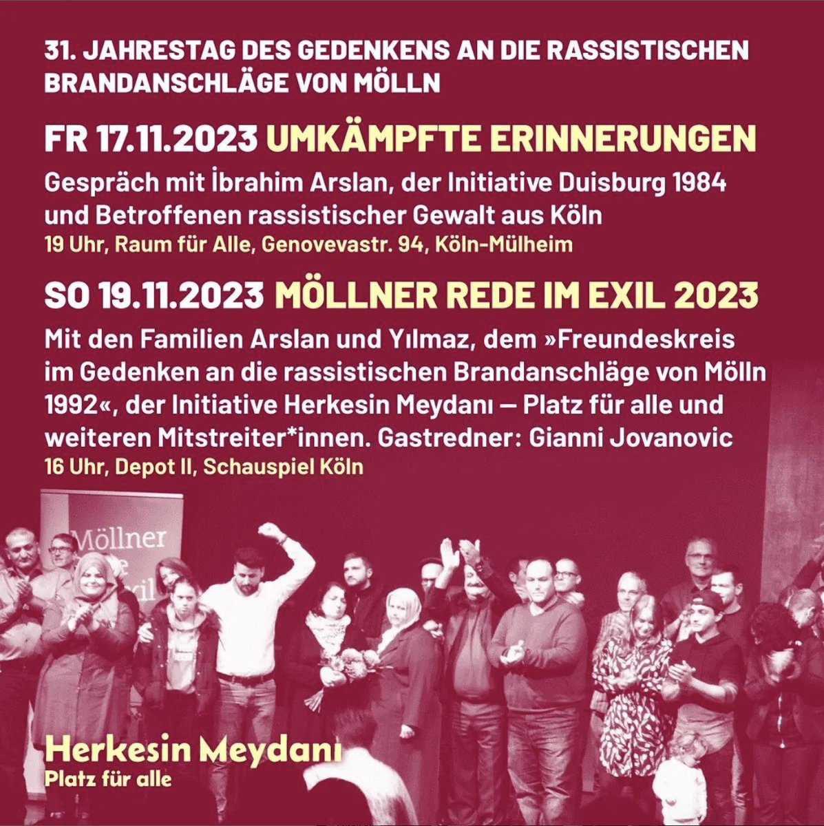 VBRG e.V. (@rechte_gewalt) on Twitter photo Ayşe Yılmaz, Yeliz und Bahide Arslan wurden am 23.11.1992 in #Mölln bei einem rassistischen #Brandanschlag ermordet.
Hört den Überlebenden & Angehörigen zu & beteiligt euch auch in diesem Jahr an den Gedenk-Veranstaltungen in Köln.
➡️schauspiel.koeln/spielplan/spie…
<a href="/reclaimremember/">Freundeskreis im Gedenken</a>
1/3 Ayşe Yılmaz, Yeliz und Bahide Arslan wurden am 23.11.1992 in #Mölln bei einem rassistischen #Brandanschlag ermordet.
Hört den Überlebenden & Angehörigen zu & beteiligt euch auch in diesem Jahr an den Gedenk-Veranstaltungen in Köln.
➡️schauspiel.koeln/spielplan/spie…
<a href="/reclaimremember/">Freundeskreis im Gedenken</a>
1/3