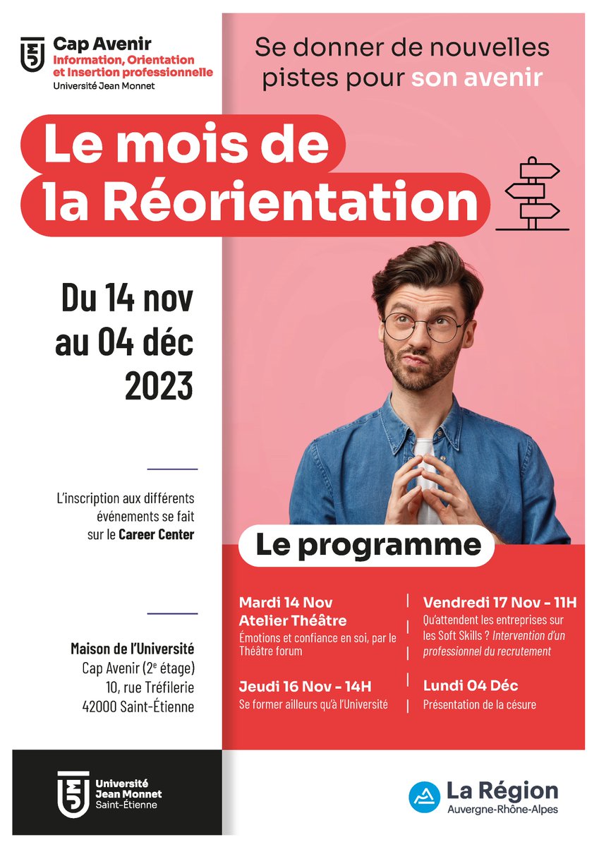 🧭 Pour permettre à ses étudiants de réussir leur réorientation grâce à des ateliers et interventions, l'Université Jean Monnet Saint-Etienne organise « le mois de la réorientation », du 14 novembre au 4 décembre 2023➡️ tinyurl.com/maxy4kr7